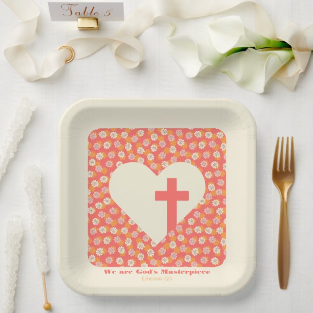 Pink Flowers Heart & Christian Cross Women's Paper Plates (Wedding)