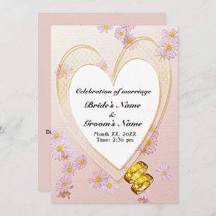 Pink Flowers Heart Frame & Gold Rings Wedding Invitation