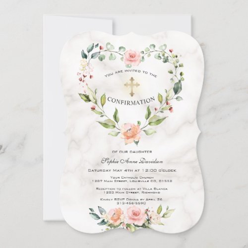 Pink Flowers Heart Frame Marble Girl Confirmation Invitation