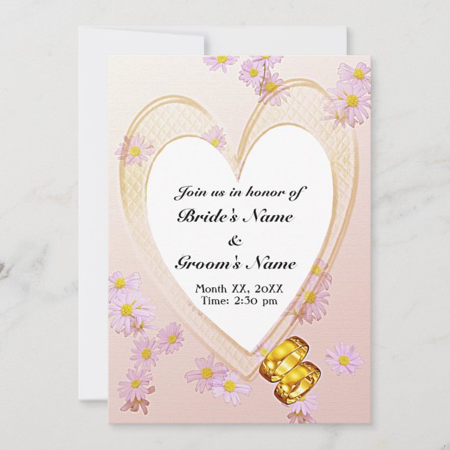 Pink Flowers, Heart Frame, Rings Rehearsal Dinner Invitation (Front)