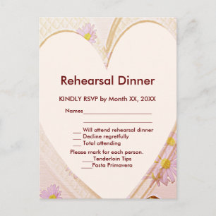 Pink Flowers, Heart, Rings RSVP Rehearsal Dinner Invitation Postcard