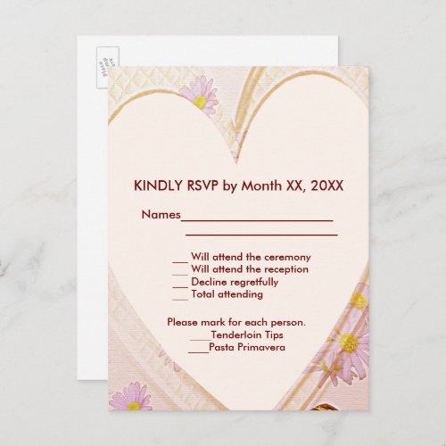 Pink Flowers Heart Rings RSVP Wedding Dinner Invitation Postcard