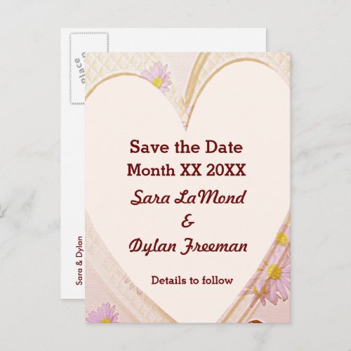 Pink Flowers Heart Rings Save the Date Postcard