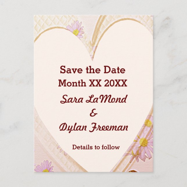 Pink Flowers, Heart, Rings, Save the Date Postcard (Front)