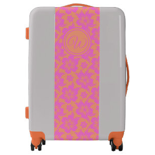 Pink flowers hibiscus tropical monogram luggage