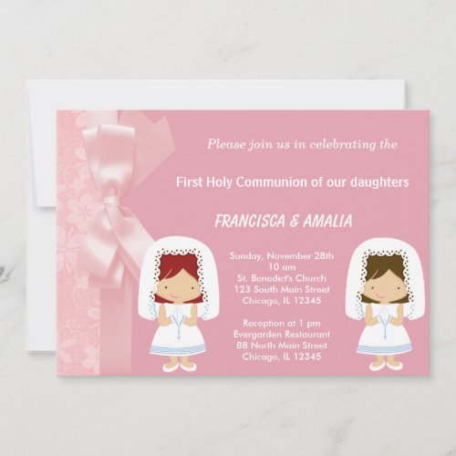 Pink Flowers Holy Communion Twins Custom Invitation