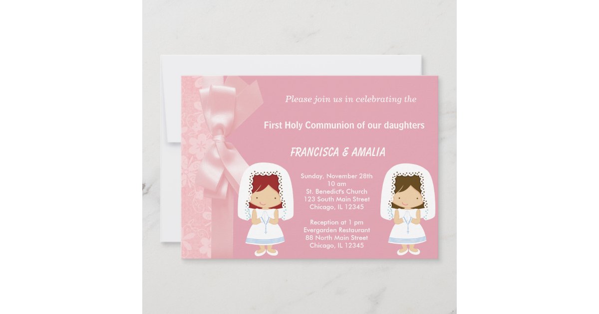 Pink Flowers Holy Communion Twins Invitation Zazzle