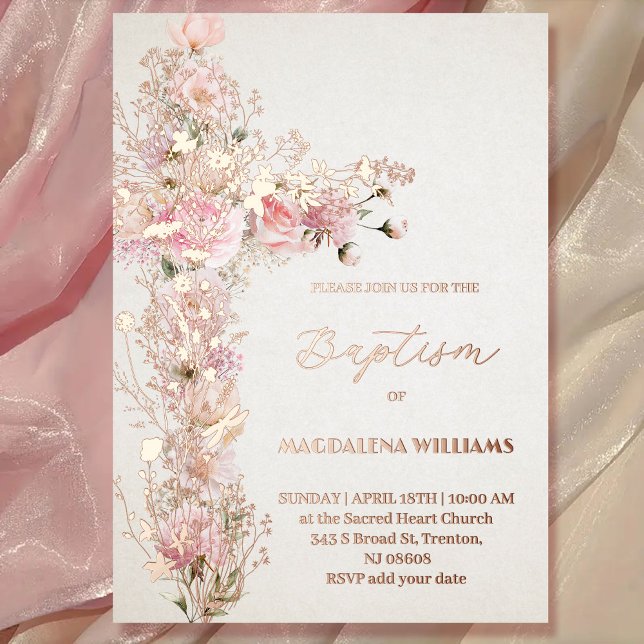Pink flowers Holy cross Baptism Foil Invitation (Creator Uploaded)