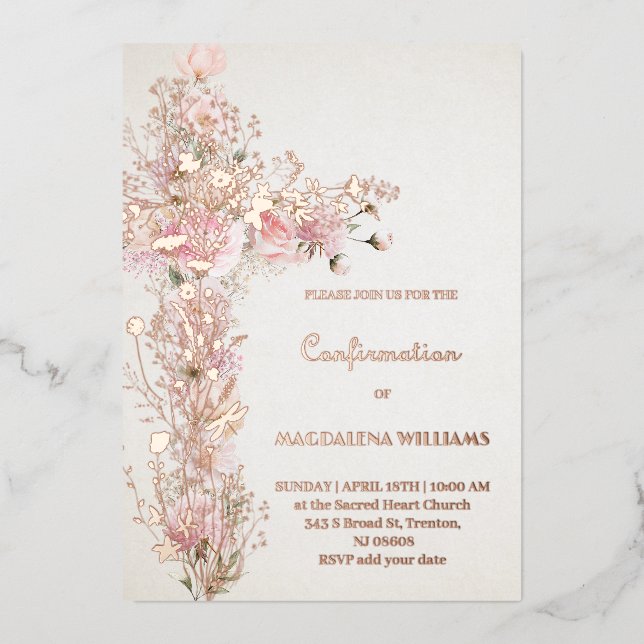 Pink flowers Holy cross Confirmation Foil Invitation (Front)