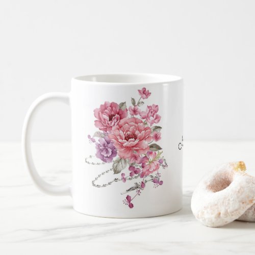 Pink Flowers Holy Rosary Memorare Prayer Coffee Mug