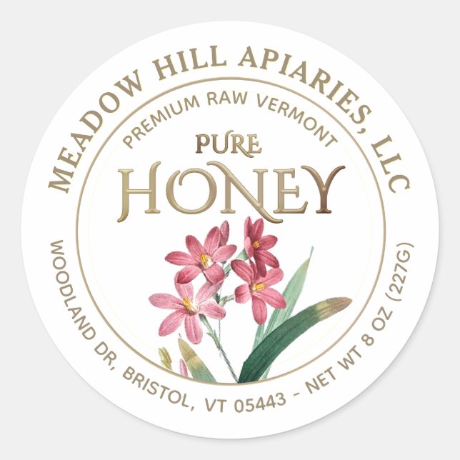 PINK FLOWERS HONEY LABEL GOLD ON WHITE (Front)