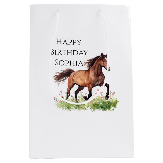 Pink Flowers Horse Cowgirl Birthday Medium Gift Bag (Front)