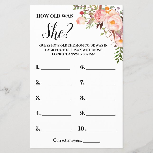 Pink Flowers How old was She Baby Shower Game card Flyer (Front)