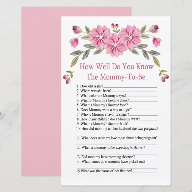 Pink flowers How well do you know baby shower game (Front/Back)