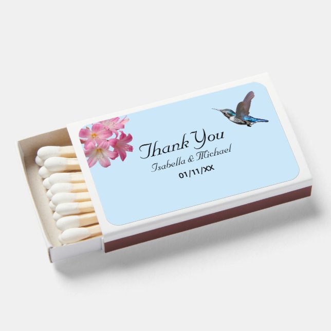 Pink Flowers & Hummingbird Thank You Matchboxes (Front Open)