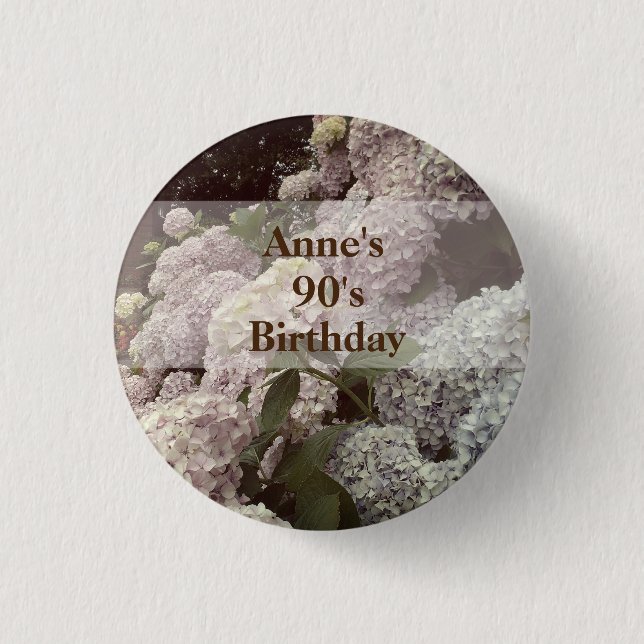 Pink Flowers Hydrangea 90th Birthday Badges Button (Front)
