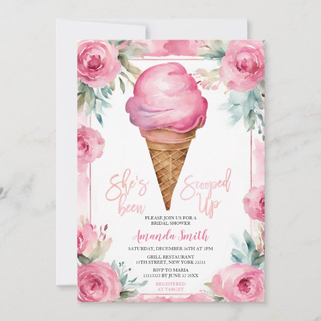Pink Flowers Ice Cream Summer Bridal Shower Party Invitation (Front)