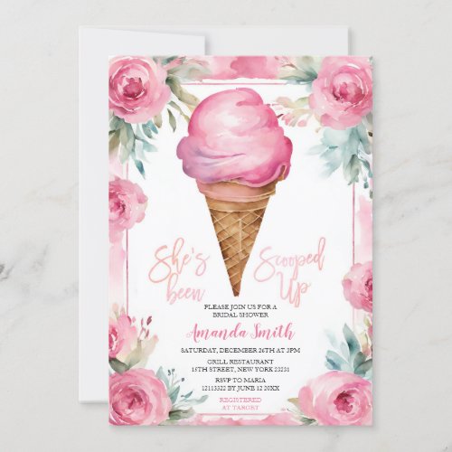 Pink Flowers Ice Cream Summer Bridal Shower Party Invitation