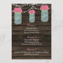 pink flowers in a mason jar wedding menu cards
