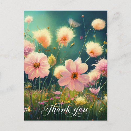 Pink Flowers in Field THANK YOU  Blank Postcard