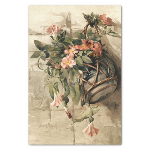 Pink Flowers in Hanging Vase Decoupage Tissue Paper