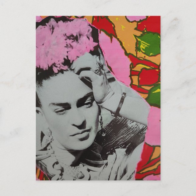 Pink Flowers in Her Hair Mixed Media Collage Postcard