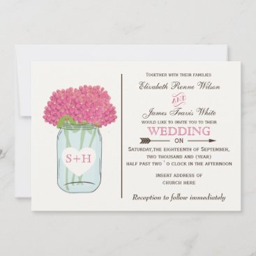 Pink flowers in mason jar wedding invitations