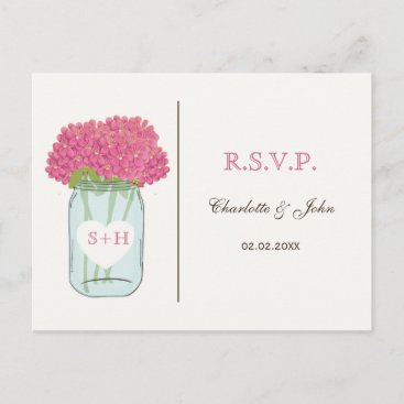 Pink flowers in mason jar wedding RSVP Invitation Postcard