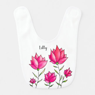 Pink Flowers Ink Watercolor Artsy Girl Name Baby Bib