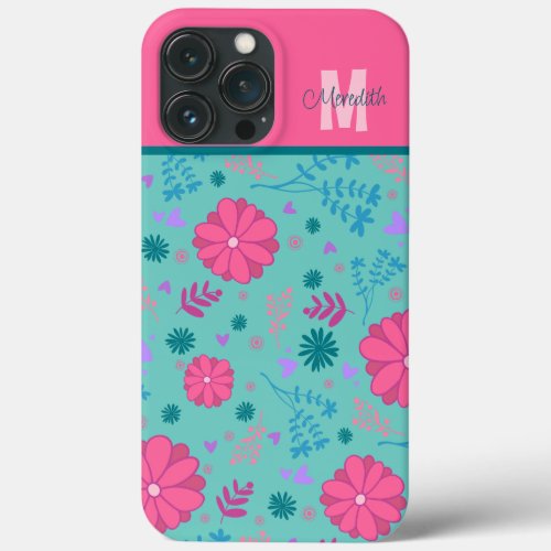 Pink Flowers Inspirivity Custom Name Monogram iPhone 13 Pro Max Case