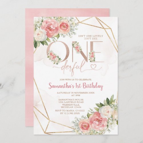 Pink Flowers Isnt She Onederful 1st Birthday Gold Invitation