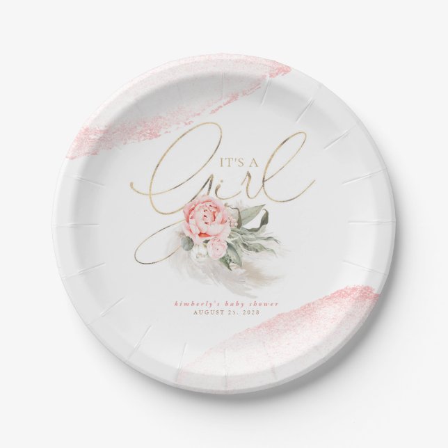 Pink Flowers It's a Girl Cute Baby Shower Paper Plates (Front)