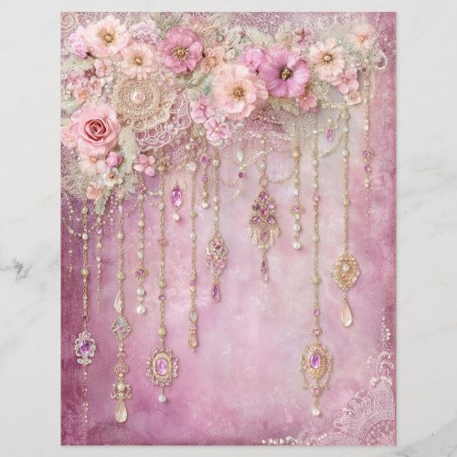 Pink Flowers Jewels Junk Journal Scrapbook Paper