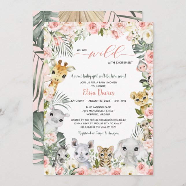 Pink Flowers Jungle Safari Animals Baby Shower Invitation (Front/Back)