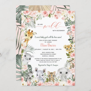 Pink Flowers Jungle Safari Animals Baby Shower Invitation