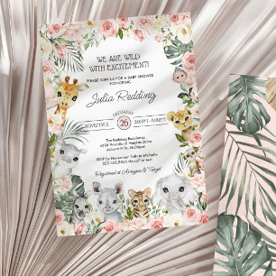 Pink Flowers Jungle Safari Animals Baby Shower Invitation