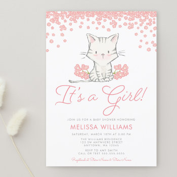 Pink Flowers Kitten Girl Baby Shower Invitation by printcreekstudio at Zazzle