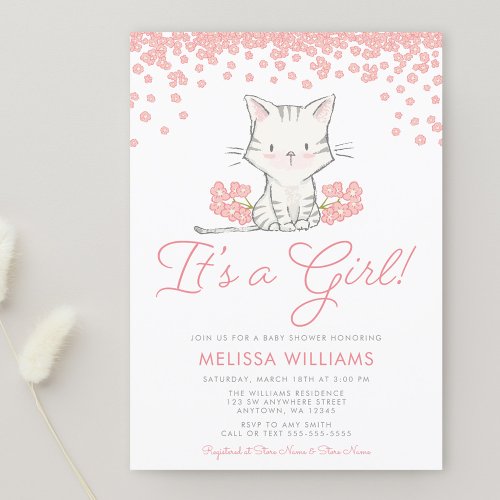 Pink Flowers Kitten Girl Baby Shower Invitation