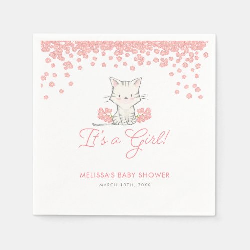 Pink Flowers Kitten Girl Baby Shower Napkins