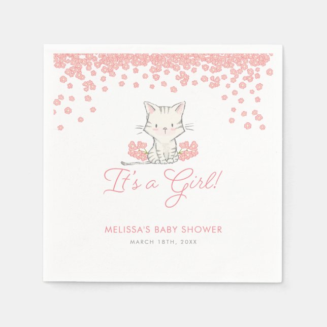Pink Flowers Kitten Girl Baby Shower Napkins (Front)