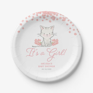 Pink Flowers Kitten Girl Baby Shower Paper Plates