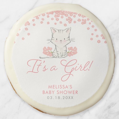 Pink Flowers Kitten Girl Baby Shower Sugar Cookie