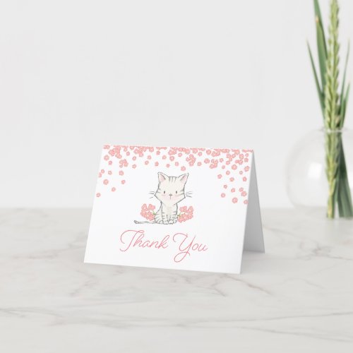 Pink Flowers Kitten Girl Baby Shower Thank You Card