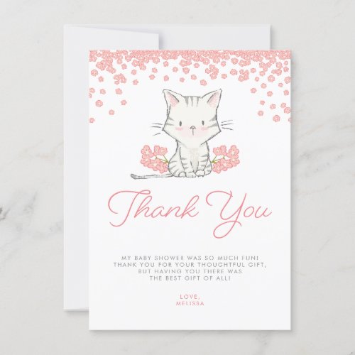 Pink Flowers Kitten Girl Baby Shower Thank You Card