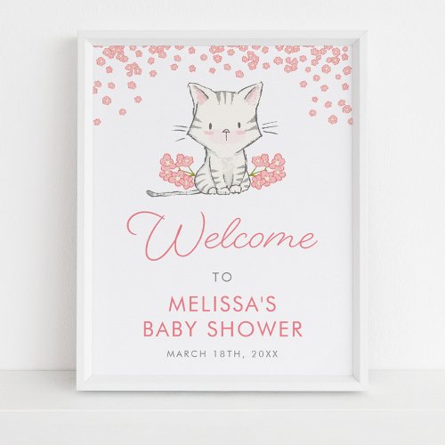 Pink Flowers Kitten Girl Baby Shower Welcome Poster