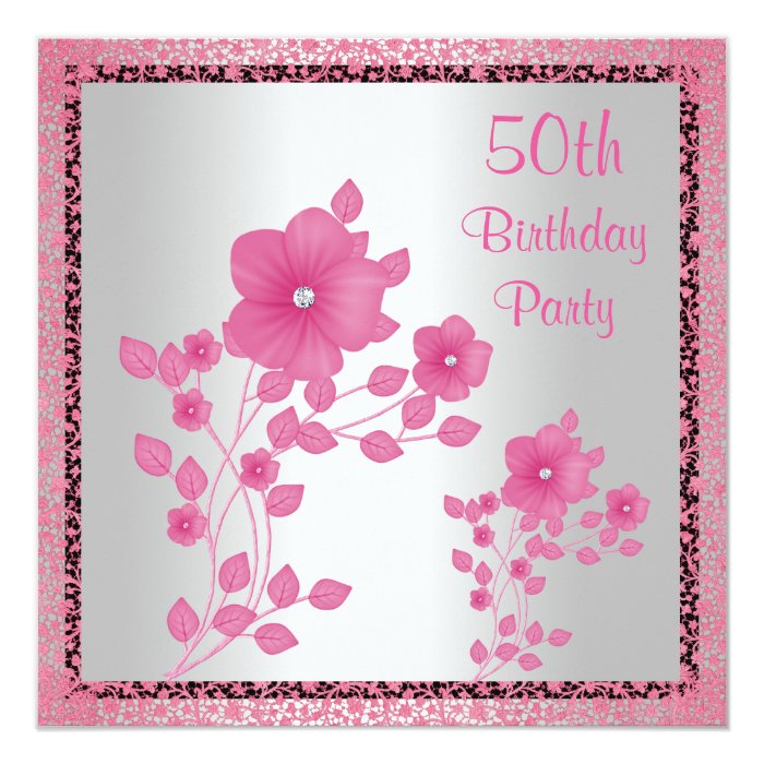Pink Flowers & Lace 50th Birthday Party Card Zazzle