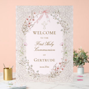 pink flowers lace frame First Communion welcome Acrylic Sign