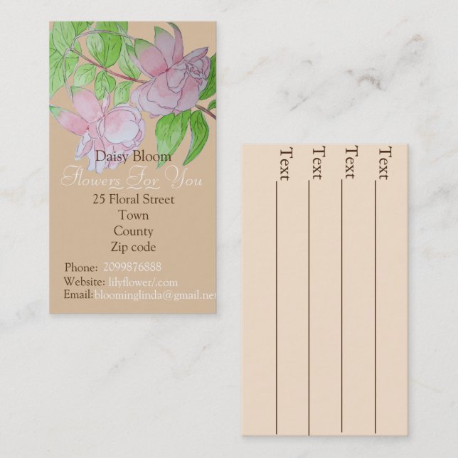 Pink flowers leaves art design florist gardener business card (Front/Back)