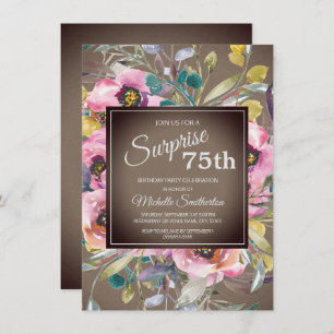 Pink Flowers Leaves Rustic Brown 75th Birthday Invitation