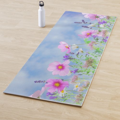 Pink Flowers Light Blue Sky Spring Yoga Mat